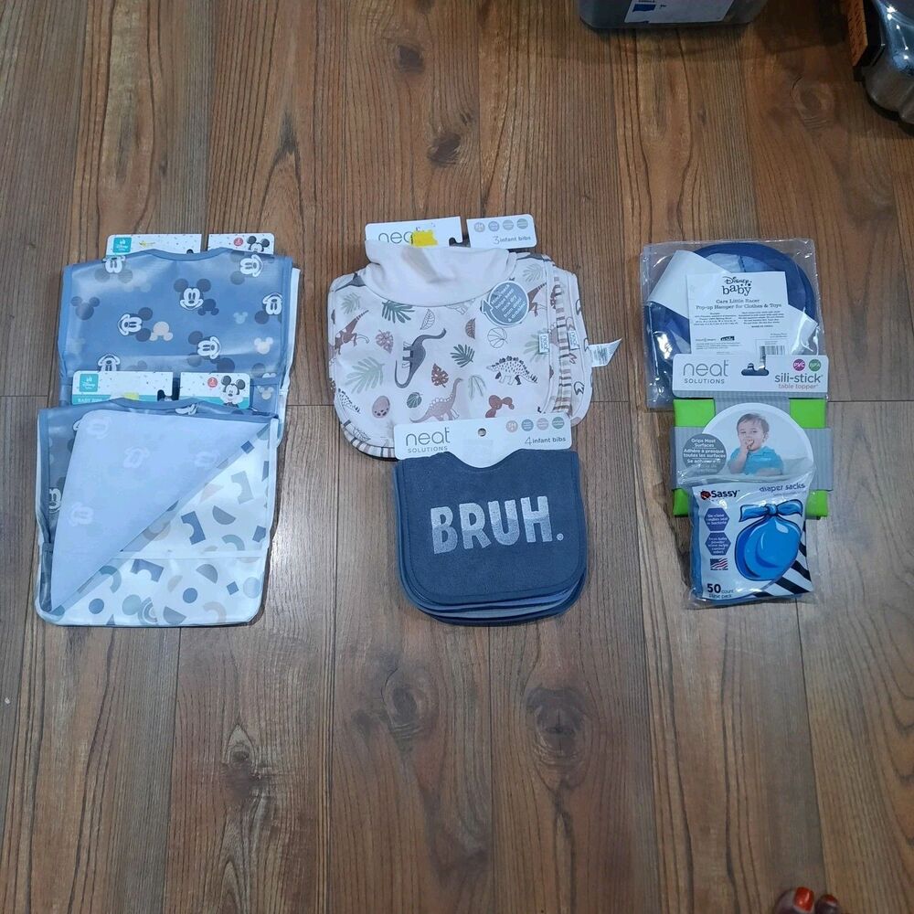 Bundle Baby Lot of 14 NEW items 11 Bibs/ Hamper/ Table Topper/ Diaper sacks